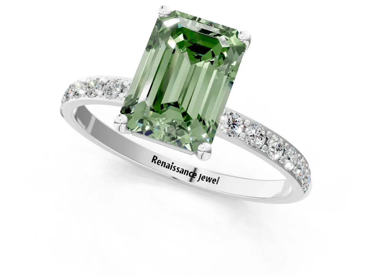 Fancy Green Emerald Cut Diamond Solitaire Ring with Round Pavé Shoulders and Prong Setting Silver