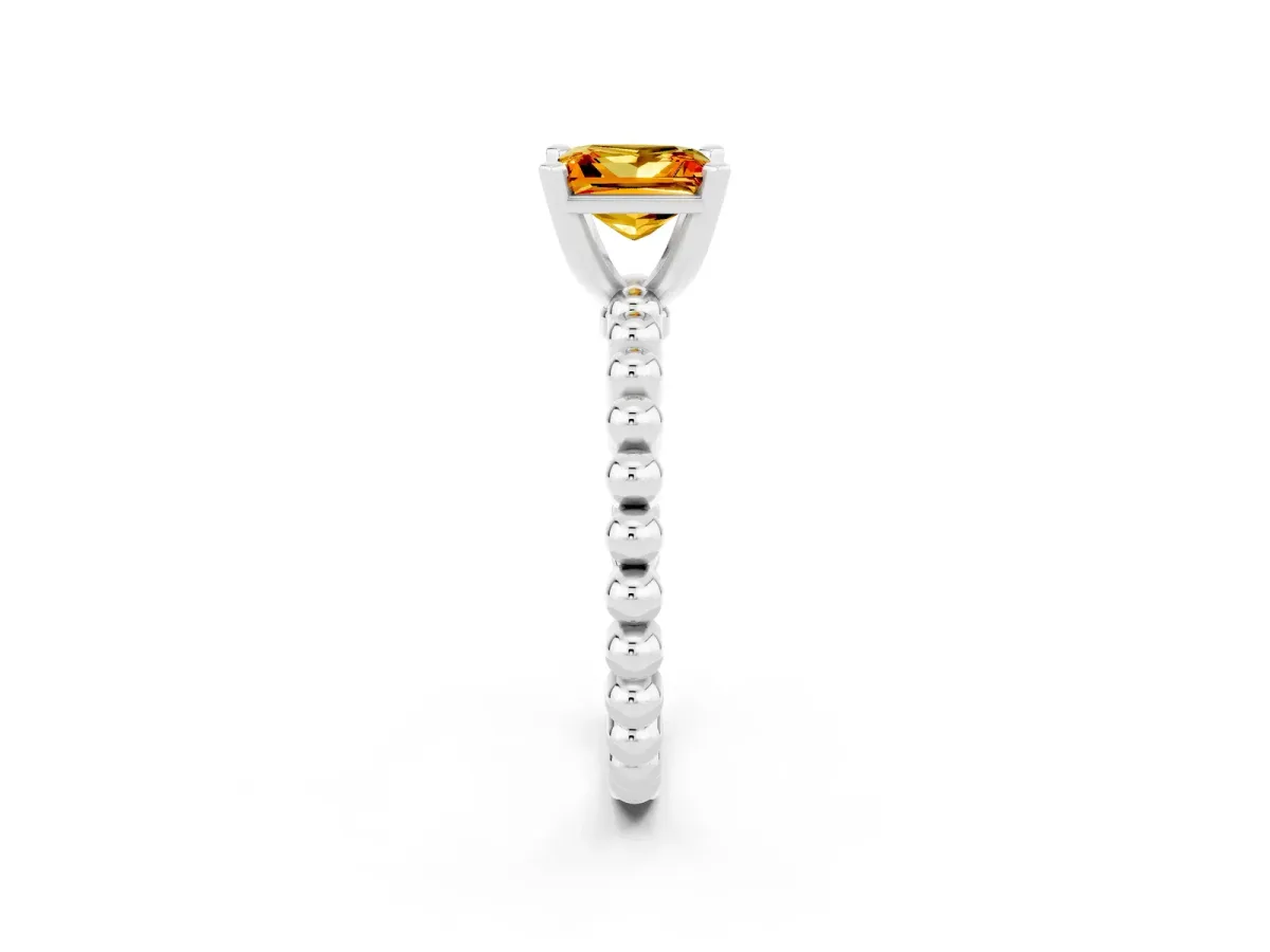 Princess Cut Citrine Solitaire Ring with Beaded Band and Prong Setting Platinum