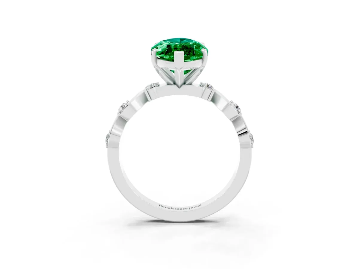 Marquise Cut Emerald Solitaire Twisted Band with Round Accents and Prong Setting Silver