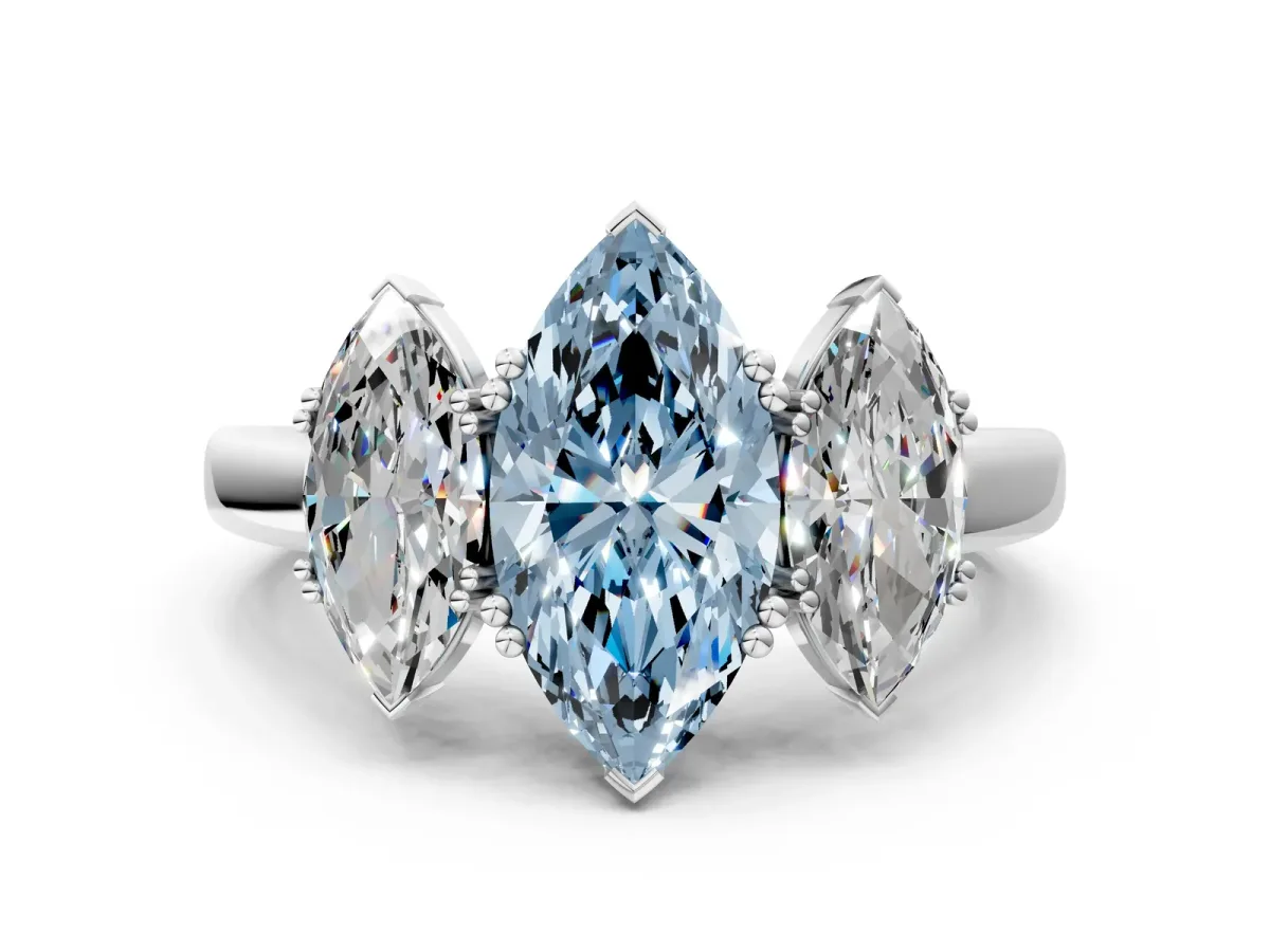 Fancy Blue Three-Stone Marquise Cut Cut Diamond Ring with Channel Set Band and Four-Prong Setting Platinum