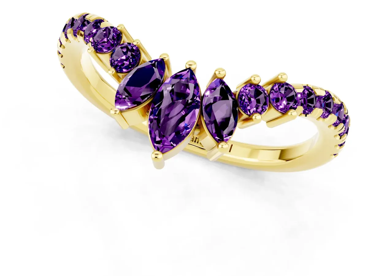 Chevron Marquise and Round Amethyst Open Band with Prong Setting Yellow gold