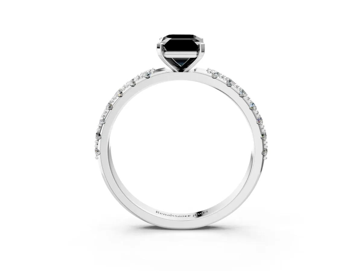 Fancy Black Emerald Cut Diamond Solitaire Pavé Band with Four-Prong Setting White gold