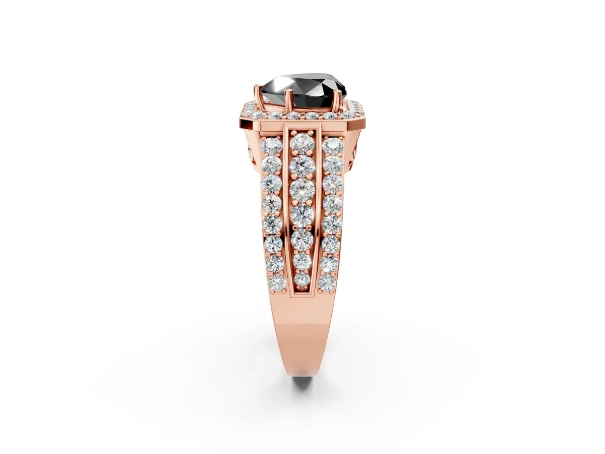 Fancy Black Heart Cut Halo Diamond Ring with Round Split Shank and Prong Setting Rose gold