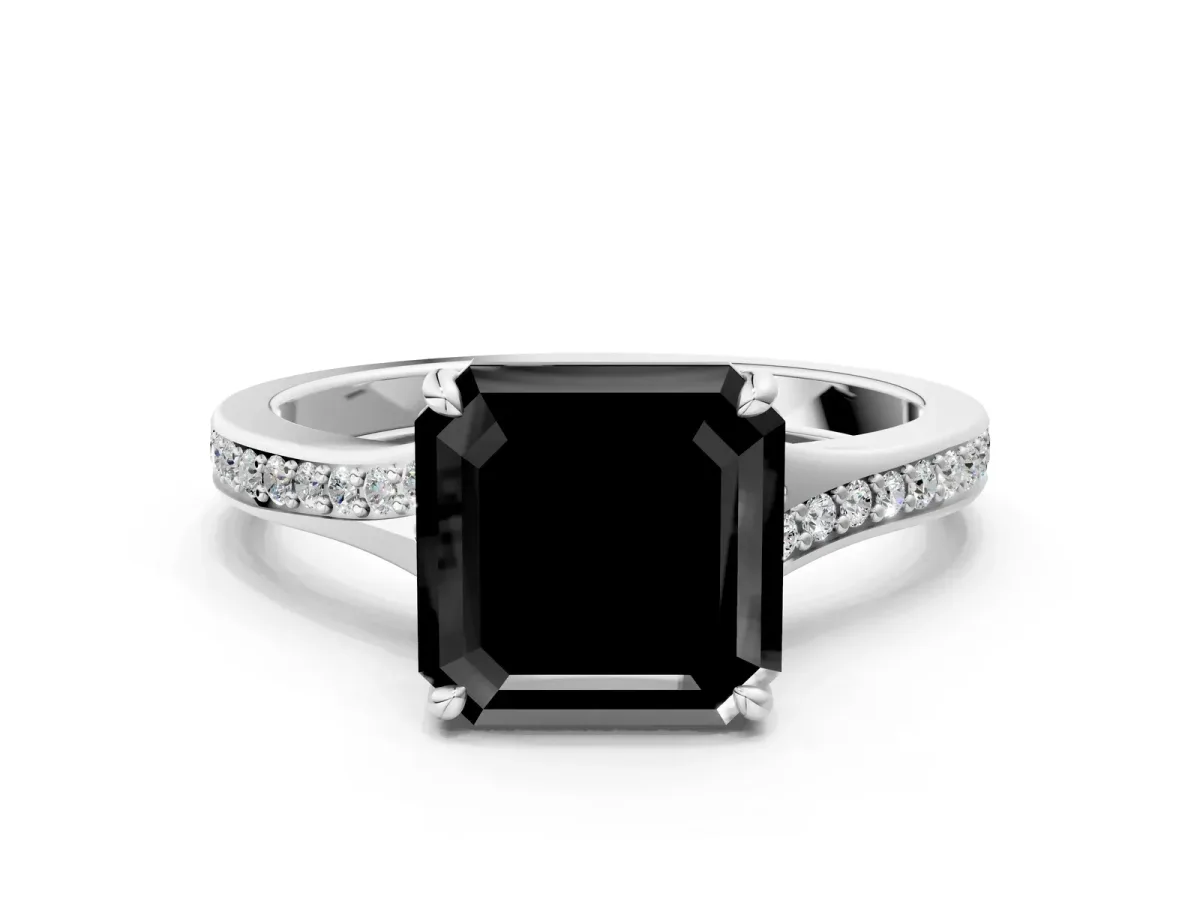 Fancy Black Asscher Cut Diamond Solitaire Ring with Pavé Band and Prong Setting Platinum