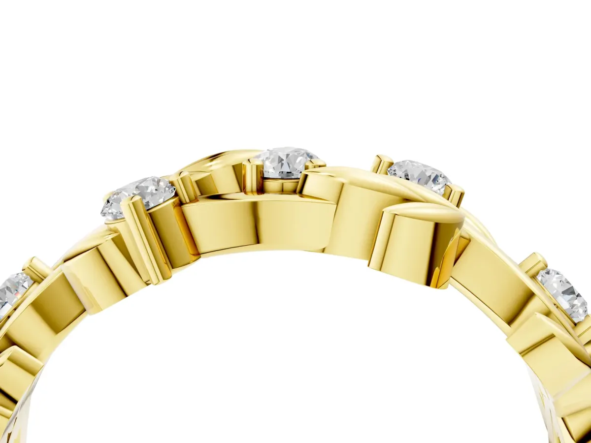 Round Diamond Leaf Motif Band with Prong Setting Yellow gold
