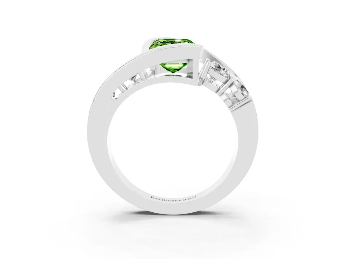 Bezel Set Emerald Cut Peridot Bypass Ring with Round Accents Platinum