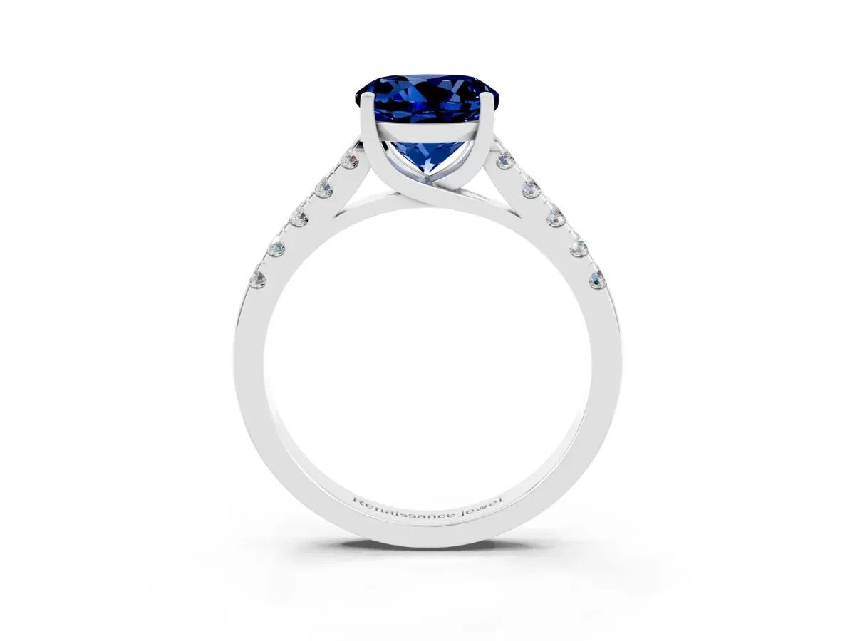 Round Cut Blue Sapphire Pavé Band Solitaire Ring with Prong Setting White gold