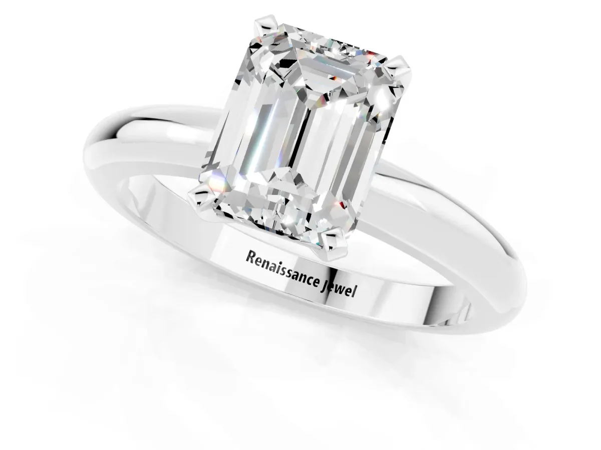 Emerald Cut Moissanite Solitaire Engagement Ring with Round Band and Four-Prong Setting Silver