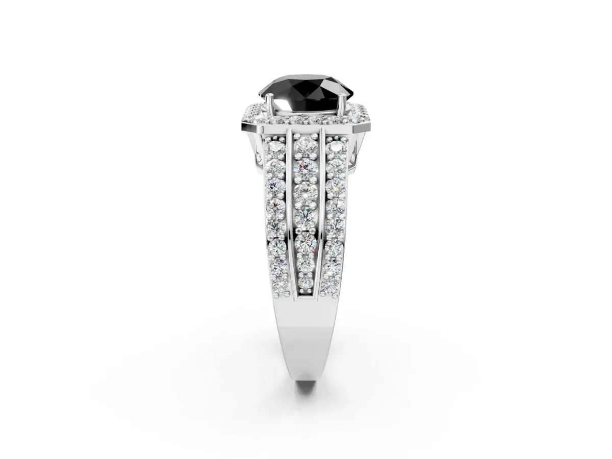Fancy Black Round Cut Halo Diamond Ring with Round Split Shank and Prong Setting White gold