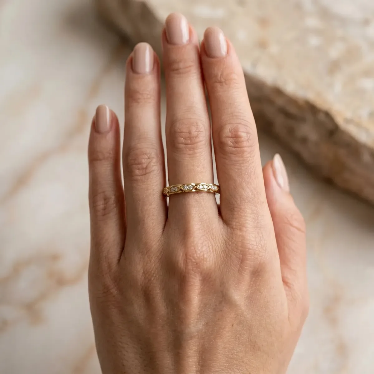Marquise Diamond Eternity Band with Pavé and Bezel Setting Yellow gold