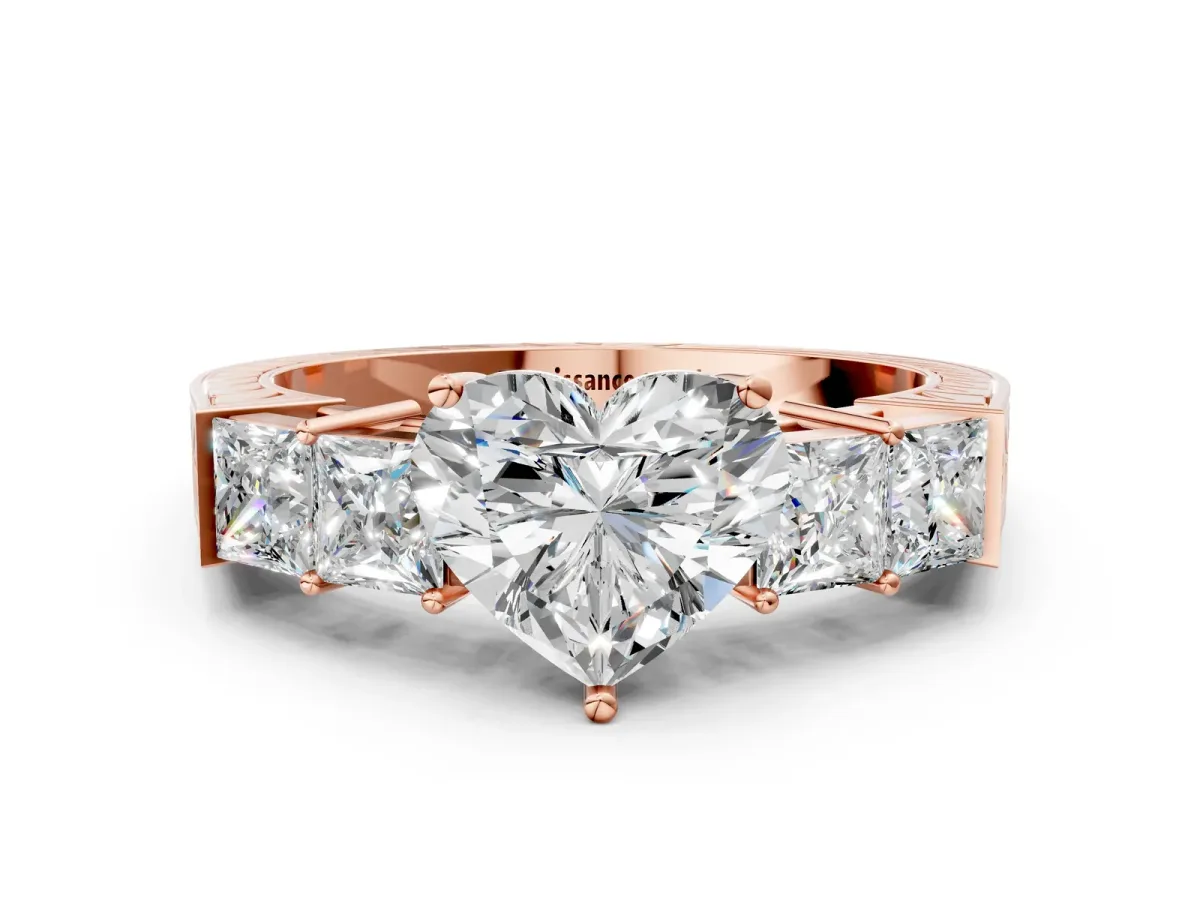 Heart Cut Solitaire Princess Side Stone Engraved Band Prong Setting Ring Rose gold