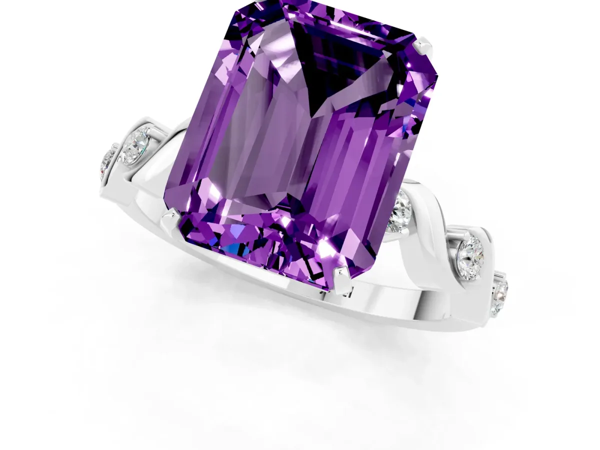 Emerald Cut Amethyst Solitaire Twisted Band with Round Accents and Prong Setting Silver