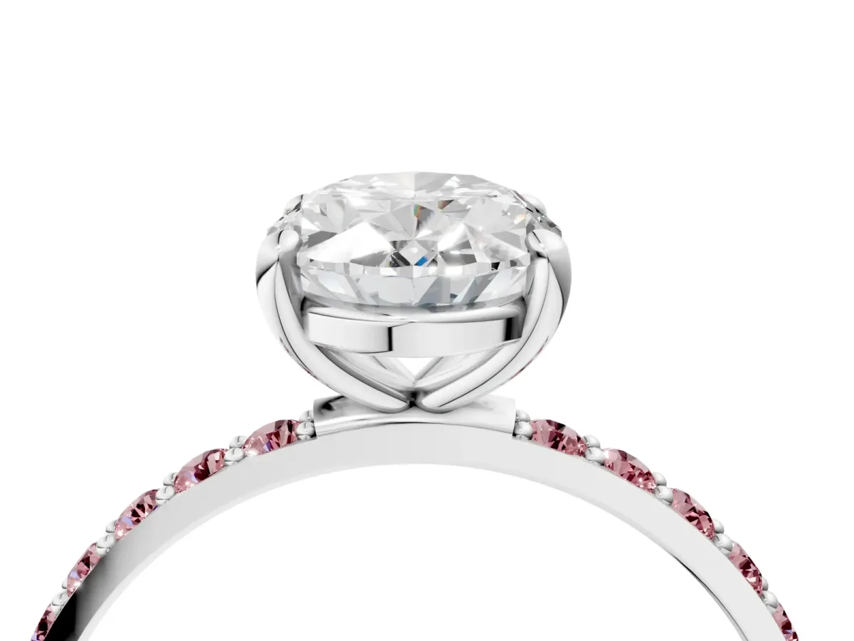 Oval Cut Diamond Solitaire Ring with Round Morganite Pavé Band and Prong Setting Silver