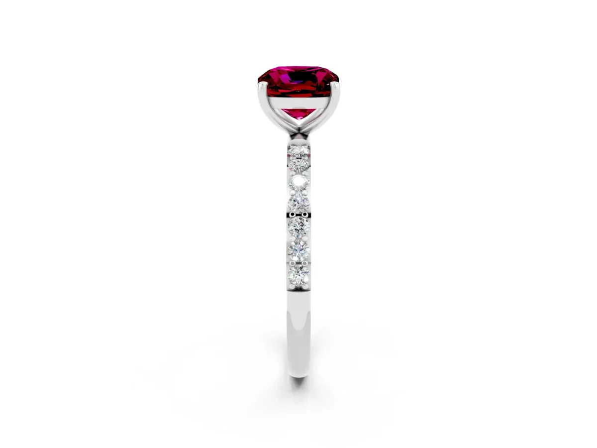 Cushion Cut Garnet Solitaire Ring with Round Pavé Band and Prong Setting Silver