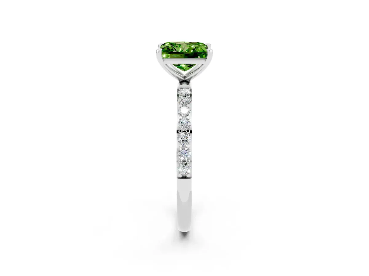 Princess Cut Peridot Solitaire Ring with Round Pavé Band and Prong Setting Silver