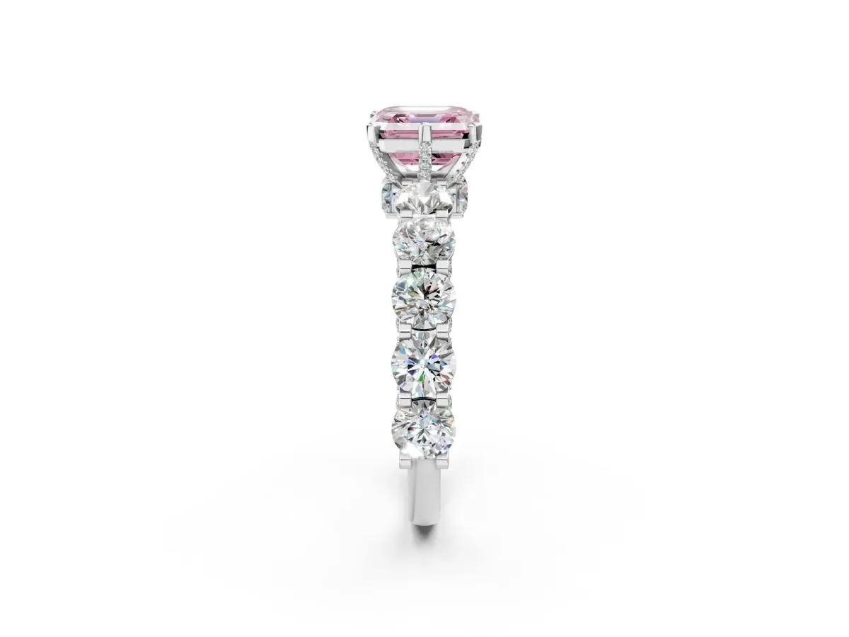 Fancy Pink Asscher Cut Diamond Side Stone Engagement Ring with Four-Prong Setting Silver