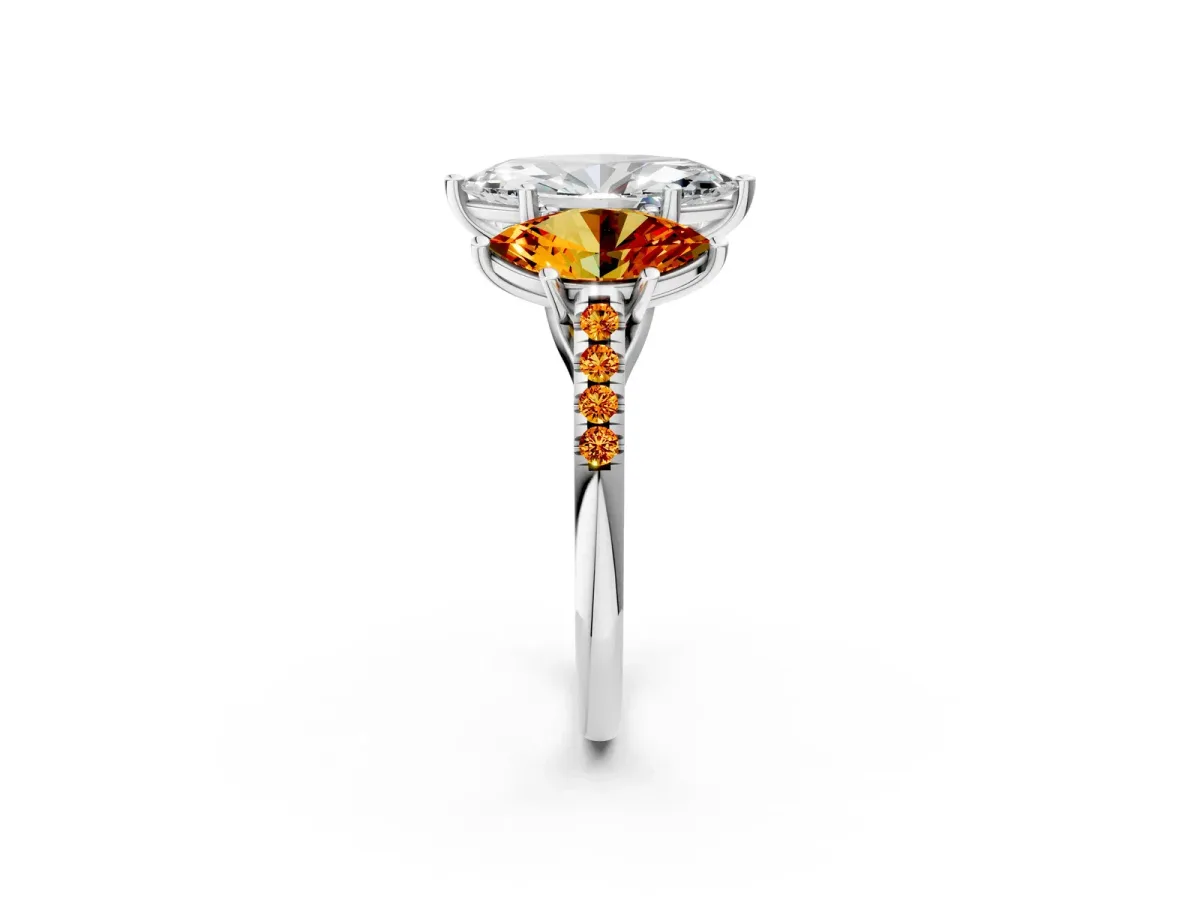Three-Stone Marquise Cut Diamond Ring with Round Citrine Pavé Band and Prong Setting Silver