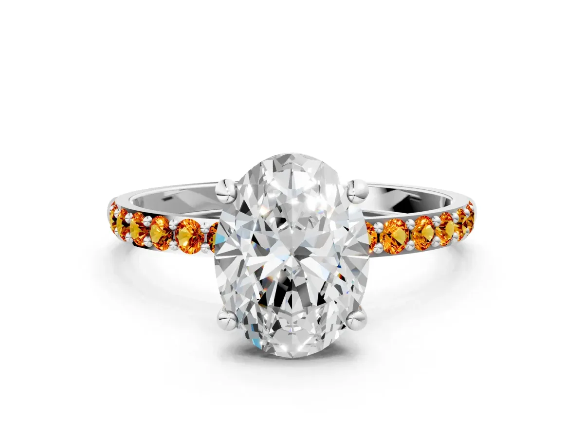 Oval Cut Diamond Solitaire Ring with Round Citrine Pavé Band and Prong Setting Silver