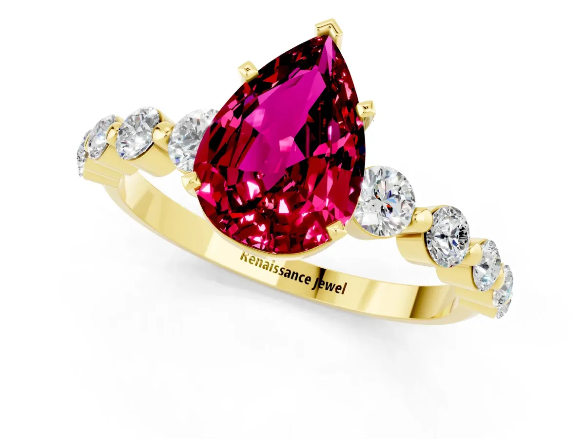 Pear Cut Solitaire Garnet Ring with Pave Band and Four-Prong Setting Yellow gold