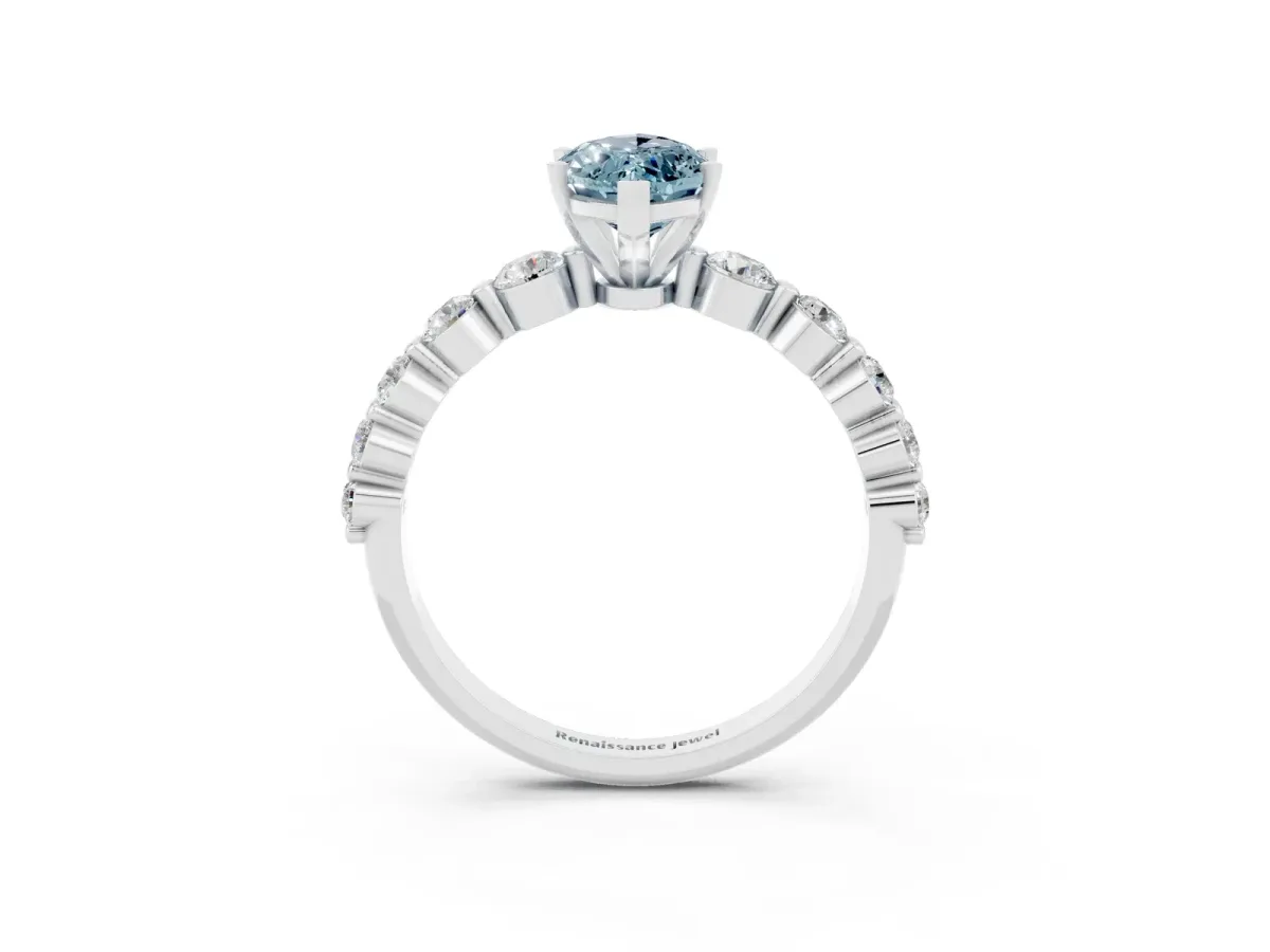 Marquise Cut Solitaire Aquamarine Ring with Pave Band and Four-Prong Setting Silver