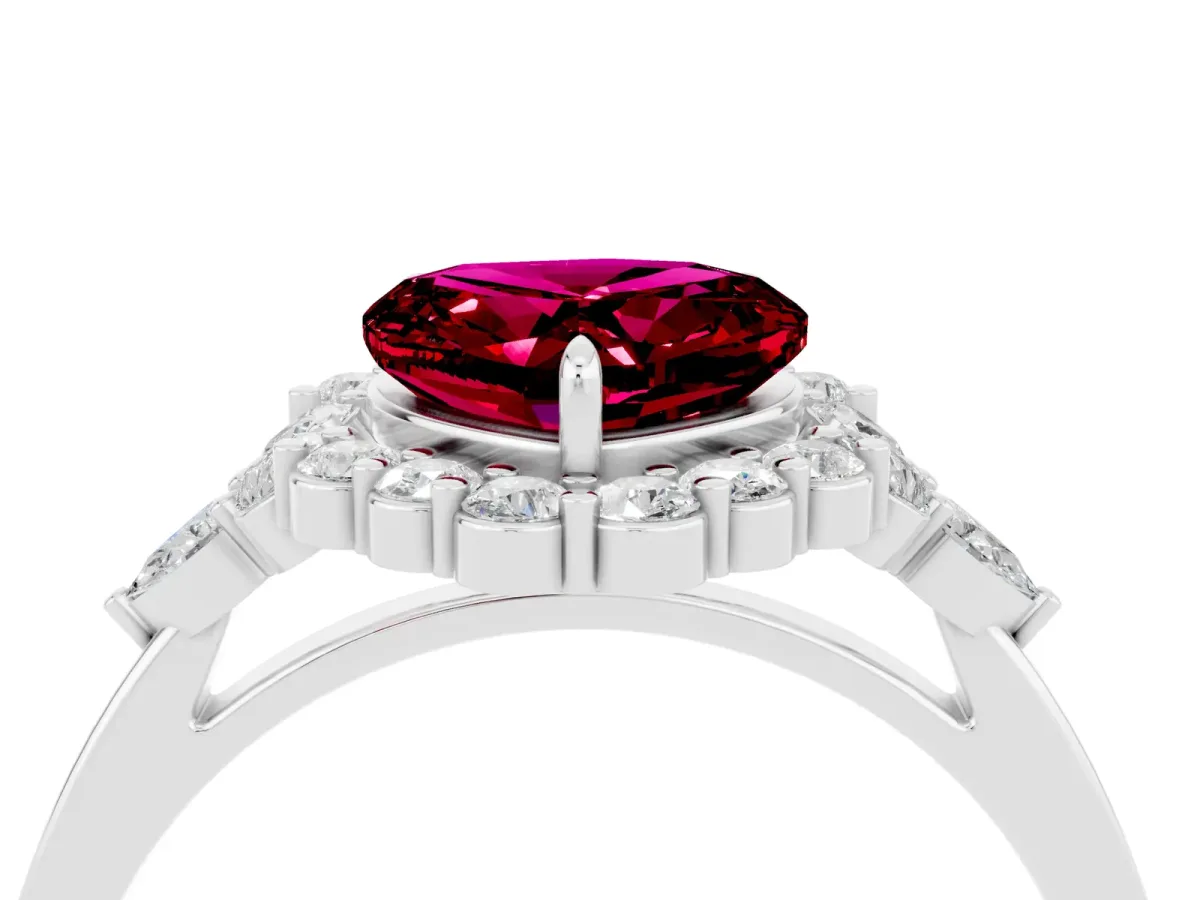 Heart Cut Garnet Halo Ring with Pear Side Stones and Prong Setting Silver
