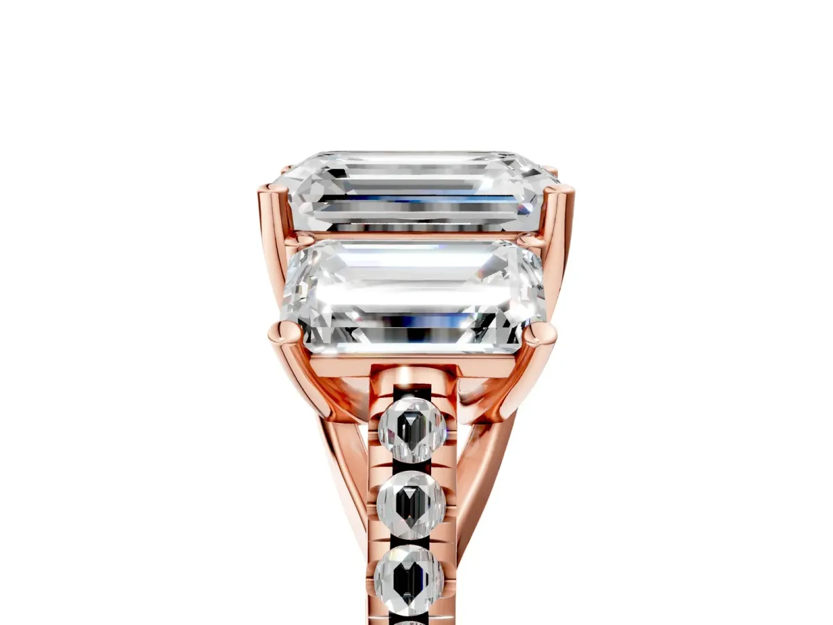 Three-Stone Emerald Cut Diamond Ring with Round Pavé Band and Prong Setting Rose gold