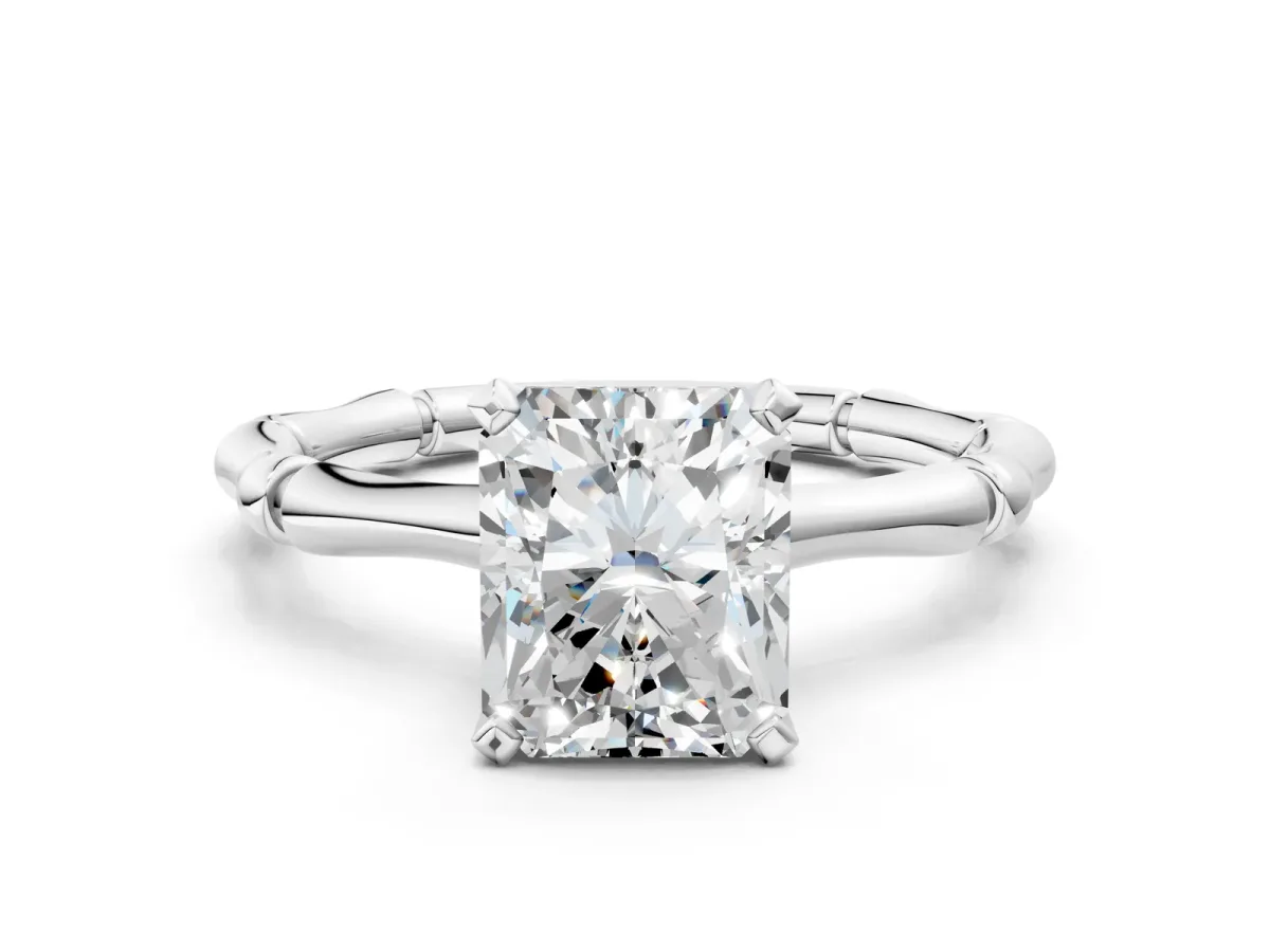 Radiant Cut Solitaire Diamond Ring with Bamboo Band and Four-Prong Setting Platinum