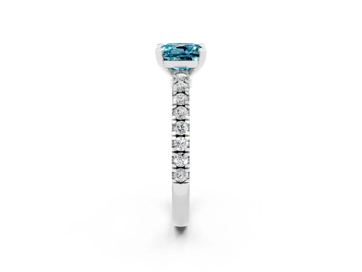 Cushion Cut Solitaire Blue Topaz with Pavé Band and Four-Prong Setting Silver