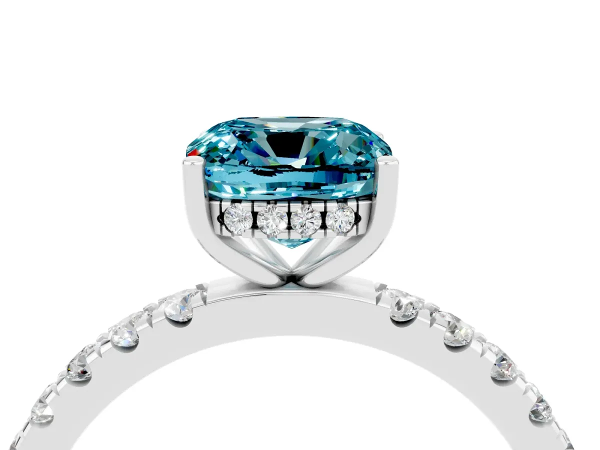 Cushion Cut Blue Topaz Pave Band Solitaire Ring with Round and Prong Setting Platinum
