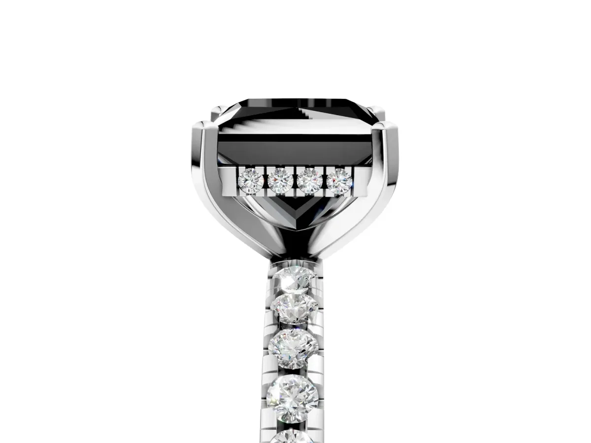 Fancy Black Princess Cut Diamond Solitaire Ring with Round Pavé Band and Four-Prong Setting Silver