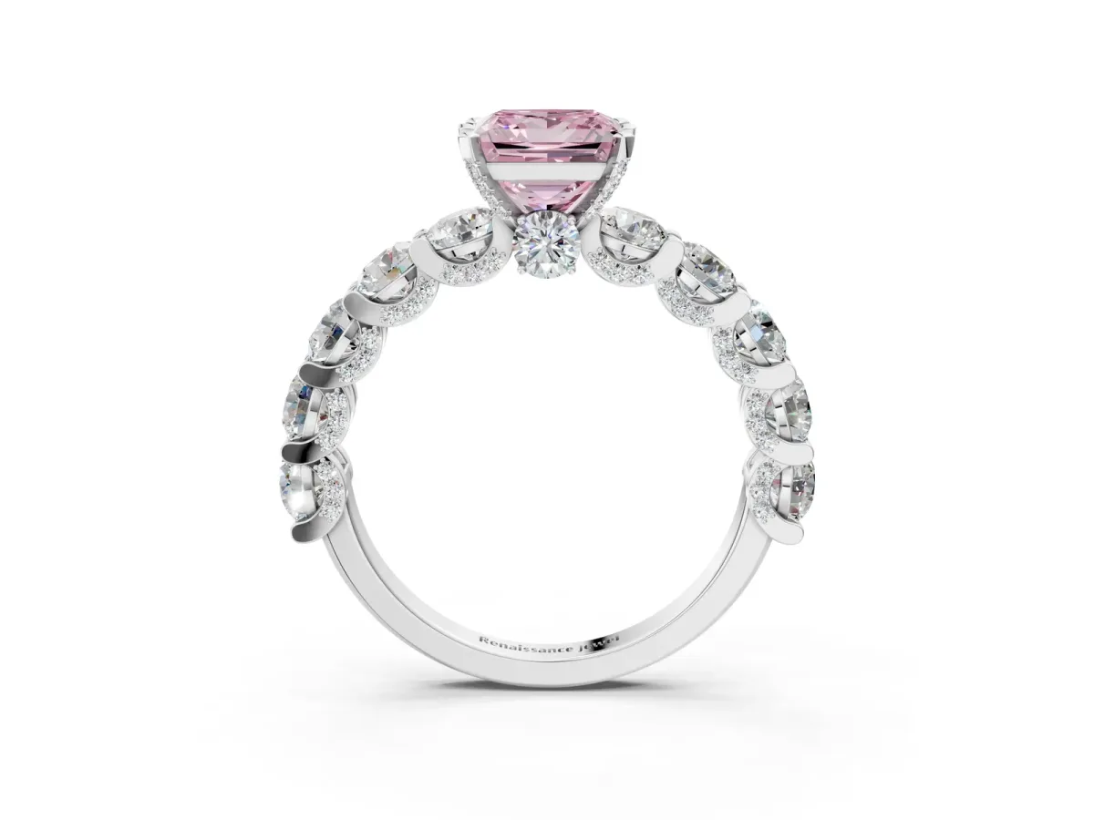 Fancy Pink Princess Cut Diamond Side Stone Engagement Ring with Four-Prong Setting White gold