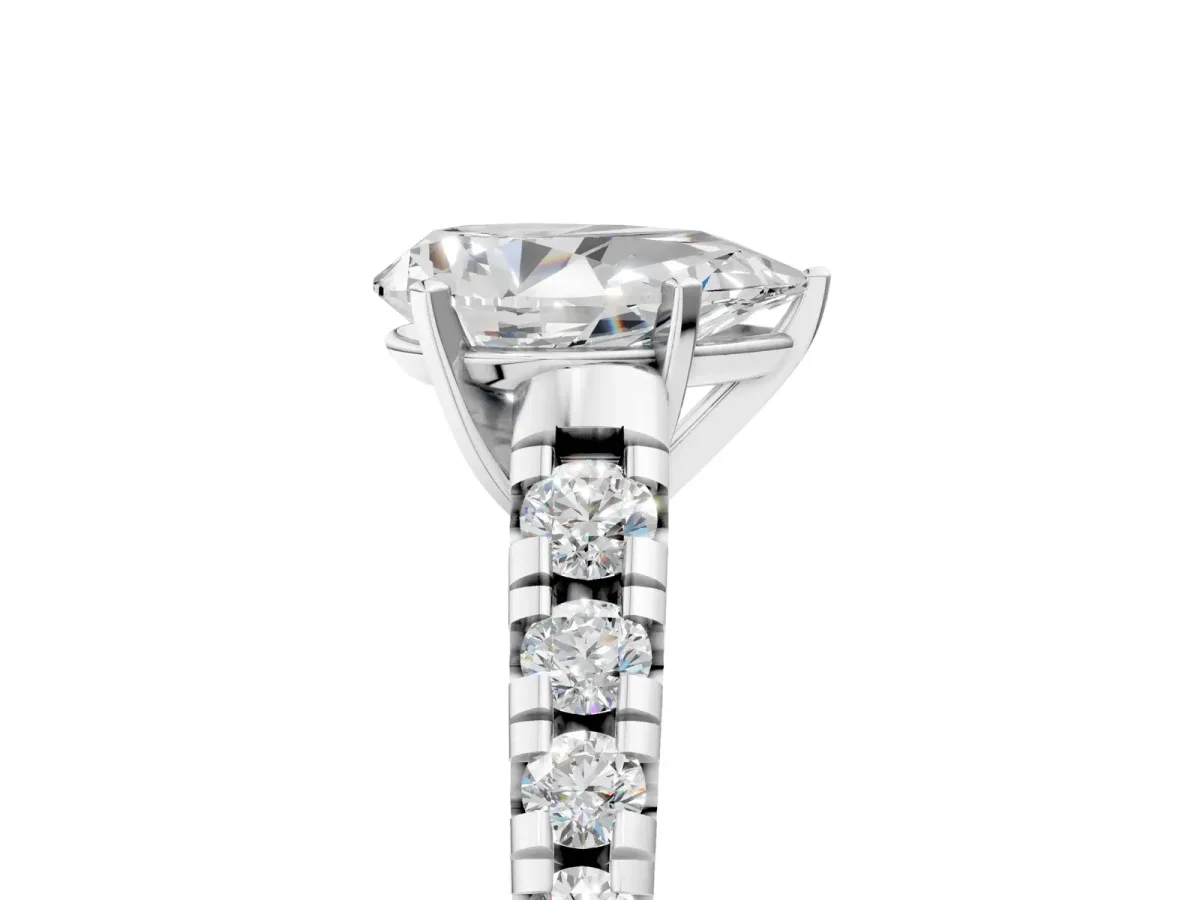 Pear Cut Diamond Cathedral Solitaire Ring with Round Moissanite Pavé Band Silver