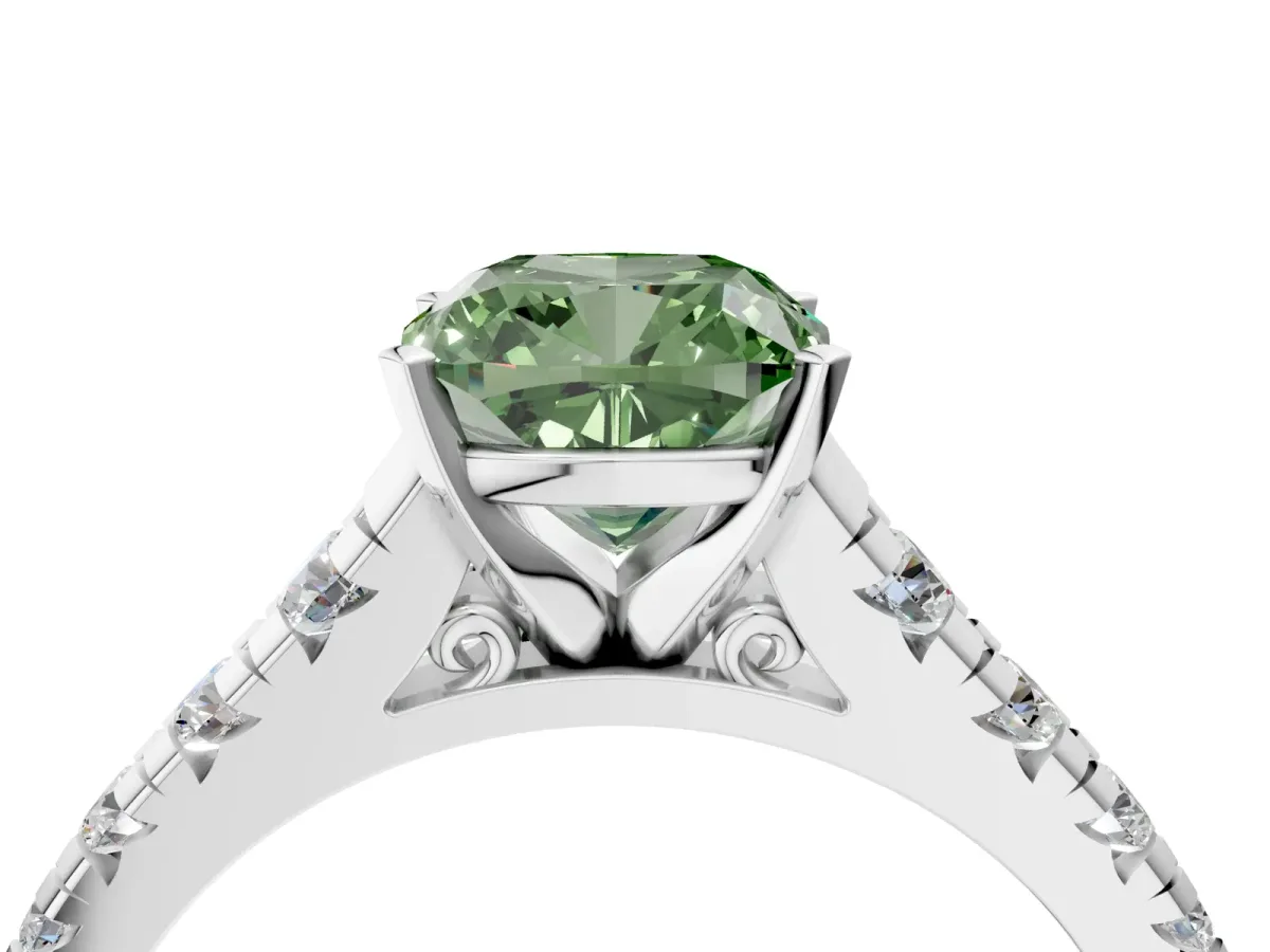 Fancy Green Cushion Cut Diamond Cathedral Solitaire Ring with Round Pavé Band Silver