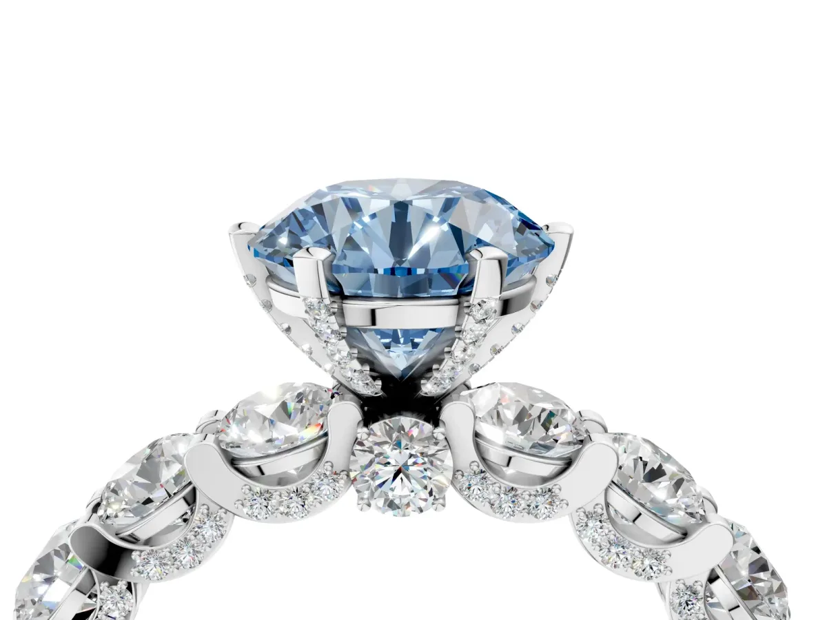 Fancy Blue Round Cut Diamond Side Stone Engagement Ring with Four-Prong Setting White gold