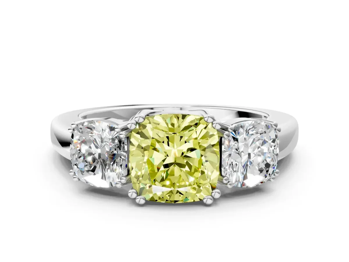 Fancy Yellow Three-Stone Cushion Cut Cut Diamond Ring with Channel Set Band and Four-Prong Setting Silver