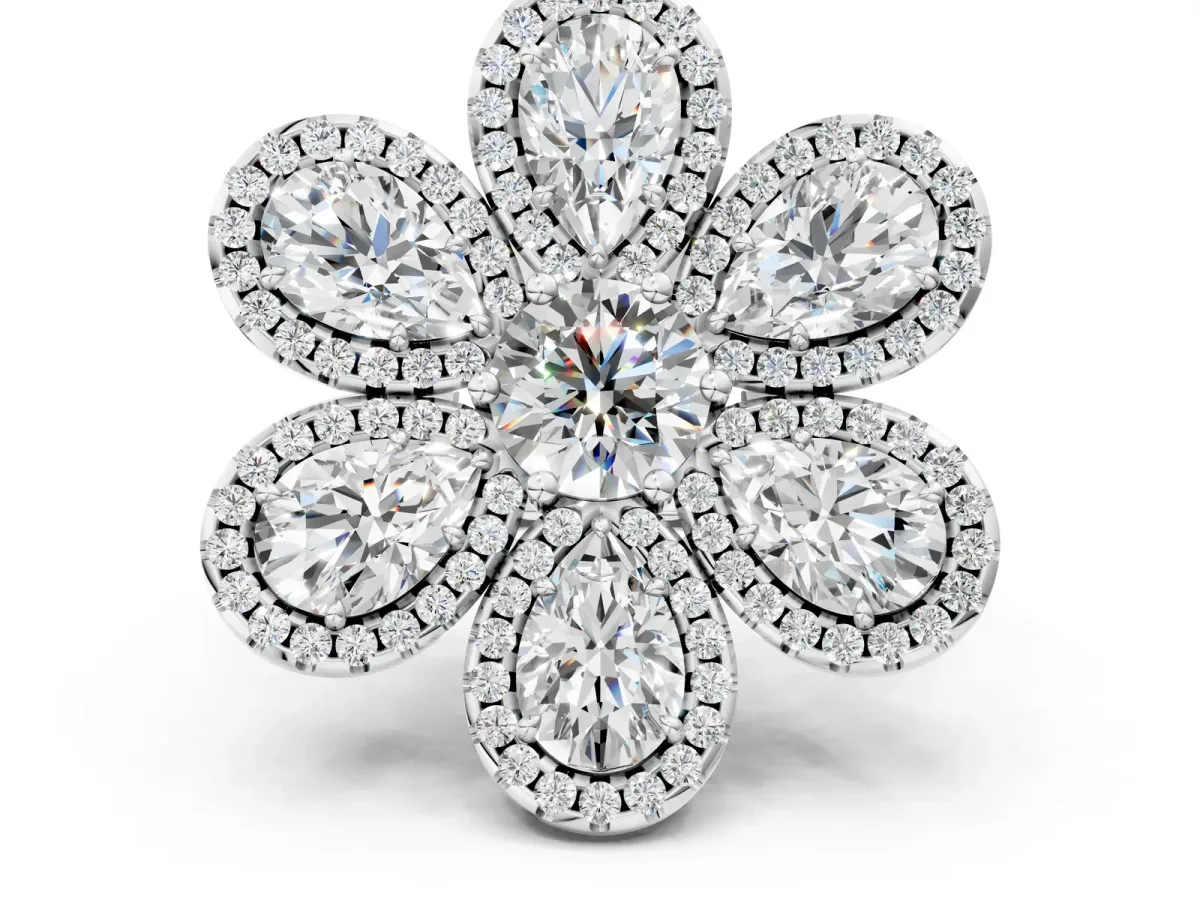Pear Diamond Floral Promise Ring with Round Diamond Center Silver