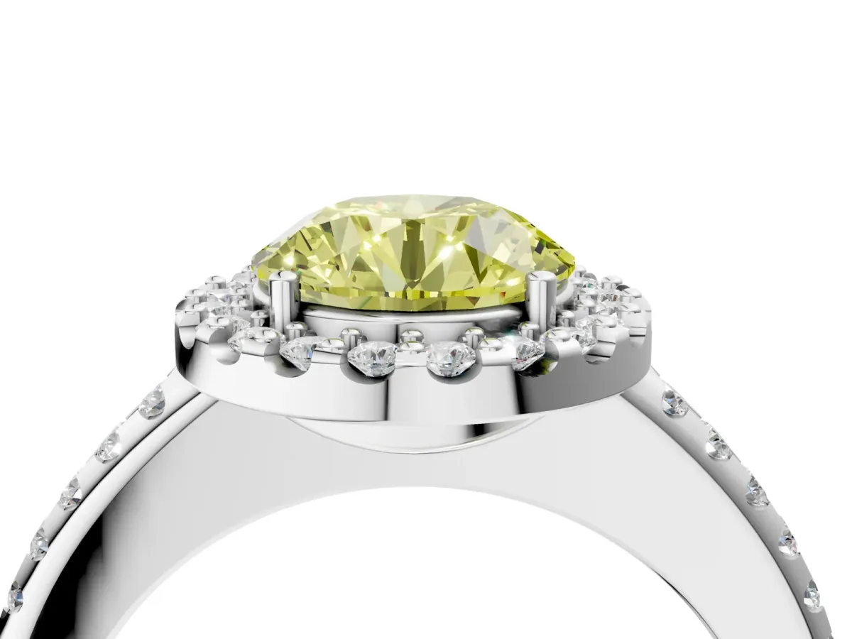 Fancy Yellow Round Cut Diamond Pavé Halo Ring with Four-Prong Setting Platinum