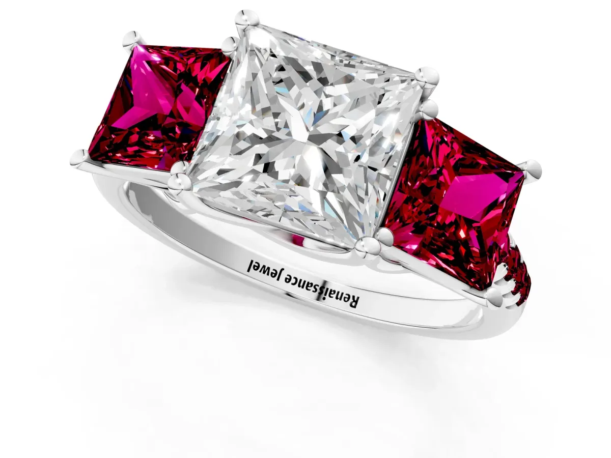 Three-Stone Princess Cut Diamond Ring with Round Garnet Pavé Band and Prong Setting Silver