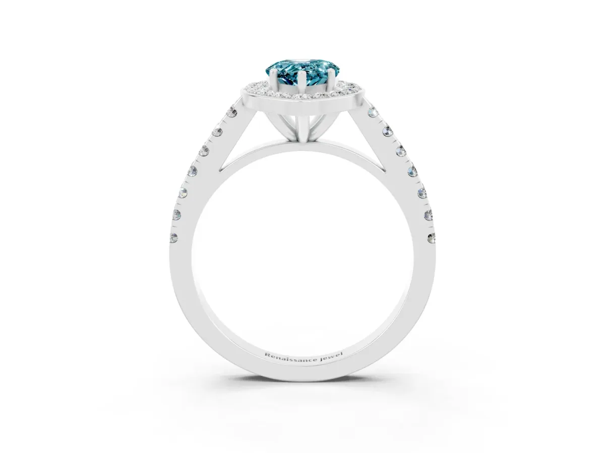 Pear Cut Blue Topaz Halo Ring with Round Pavé Split Shank and Prong Setting Platinum