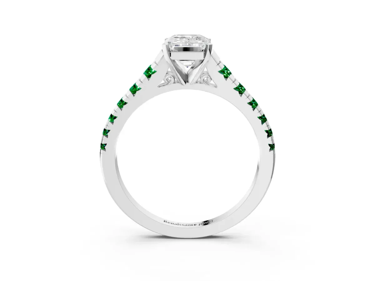 Emerald Cut Diamond Cathedral Solitaire Ring with Round Emerald Pavé Band Silver