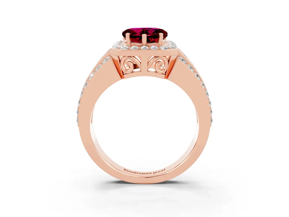 Heart Cut Halo Garnet Ring with Round Split Shank and Prong Setting Rose gold