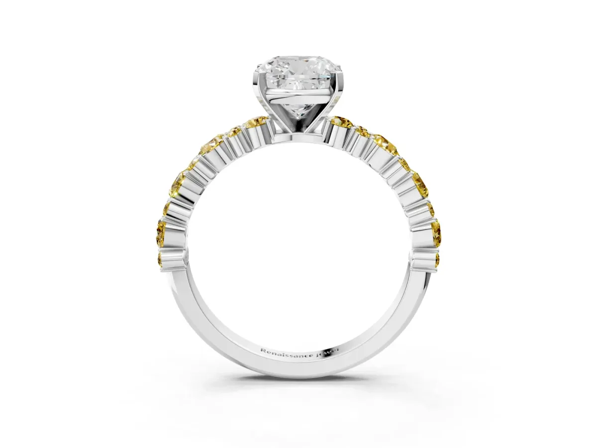 Cushion Cut Diamond Side Stone Solitaire Ring with Round Yellow Sapphire and Four-Prong Setting Silver