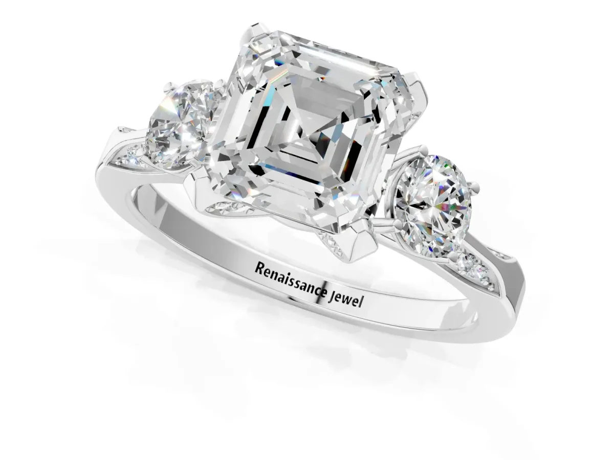 Asscher Cut Brilliant Three-Stone Diamond Ring with Pavé Band and Four-Prong Setting Platinum