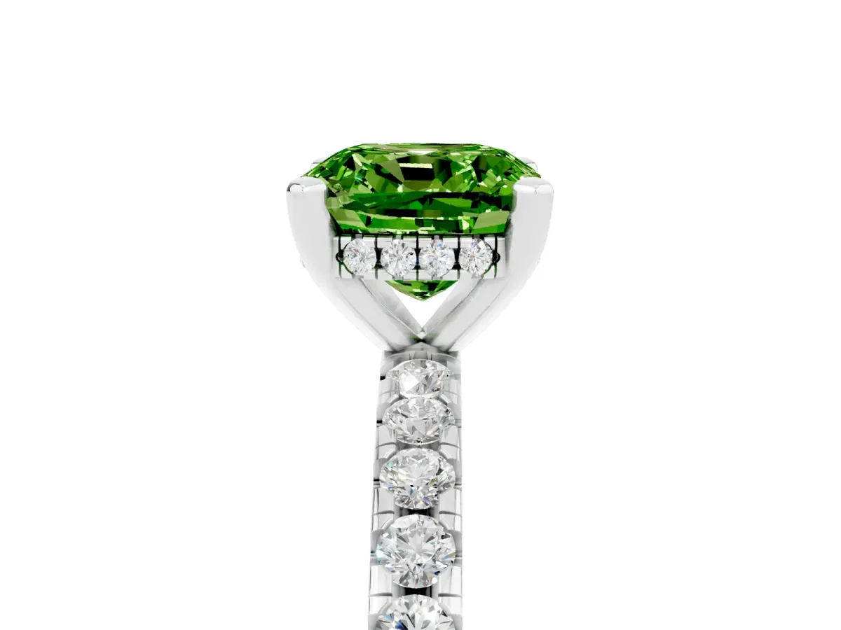 Cushion Cut Peridot Solitaire Ring with Round Pavé Band and Four-Prong Setting Silver