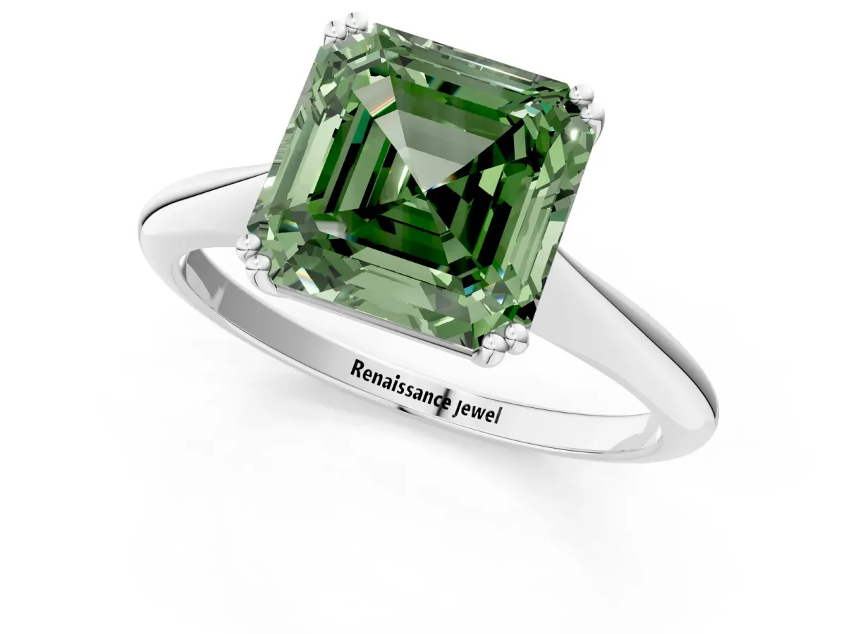 Fancy Green Asscher Cut Solitaire Diamond Ring with Six-Prong Setting and Classic Band Platinum