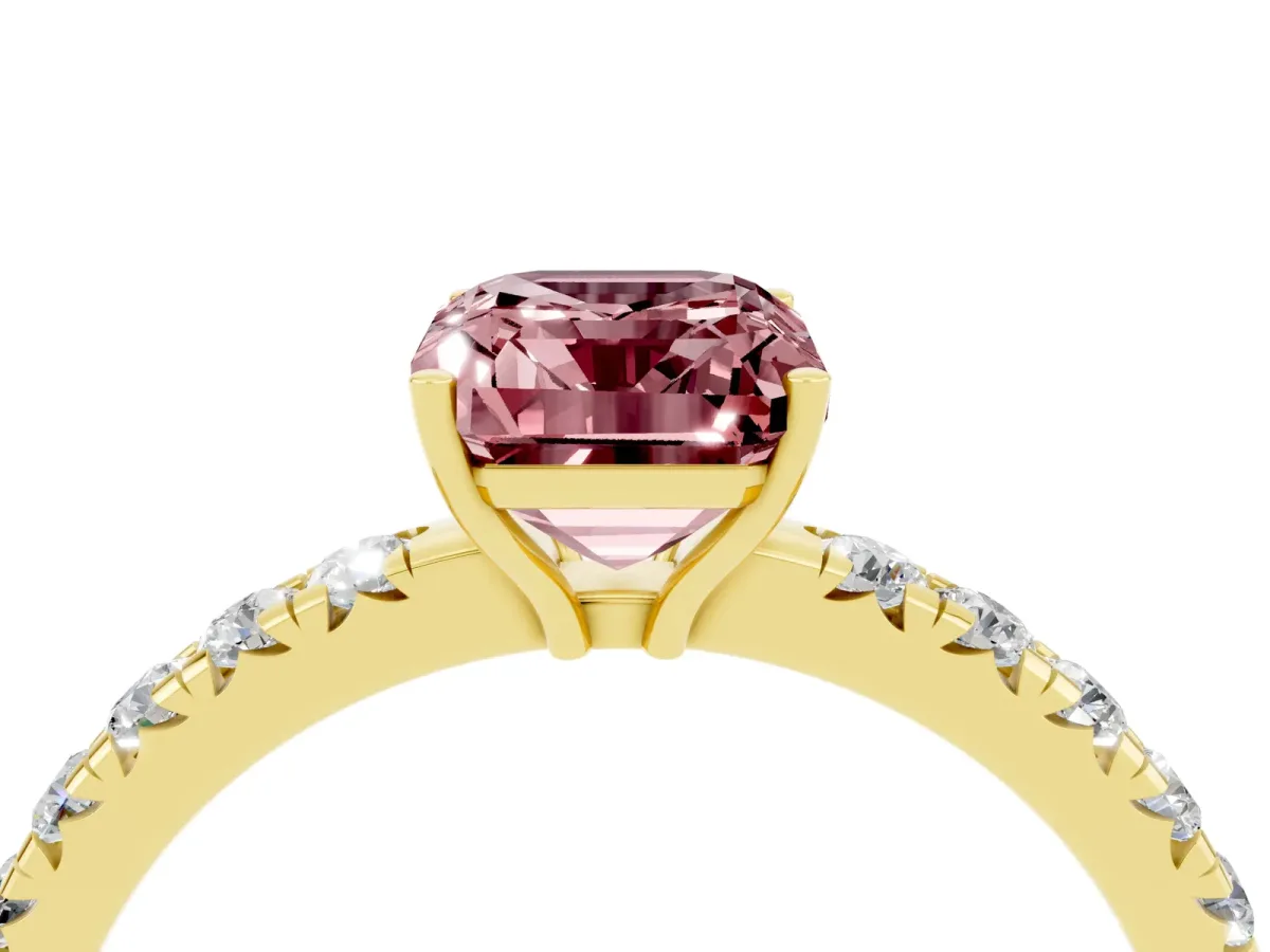 Emerald Cut Morganite Pavé Solitaire Engagement Ring with Four-Prong Setting Yellow gold