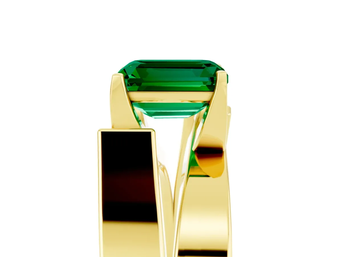Modern Tension Set Emerald Cut Emerald Solitaire Wide Band Ring Yellow gold