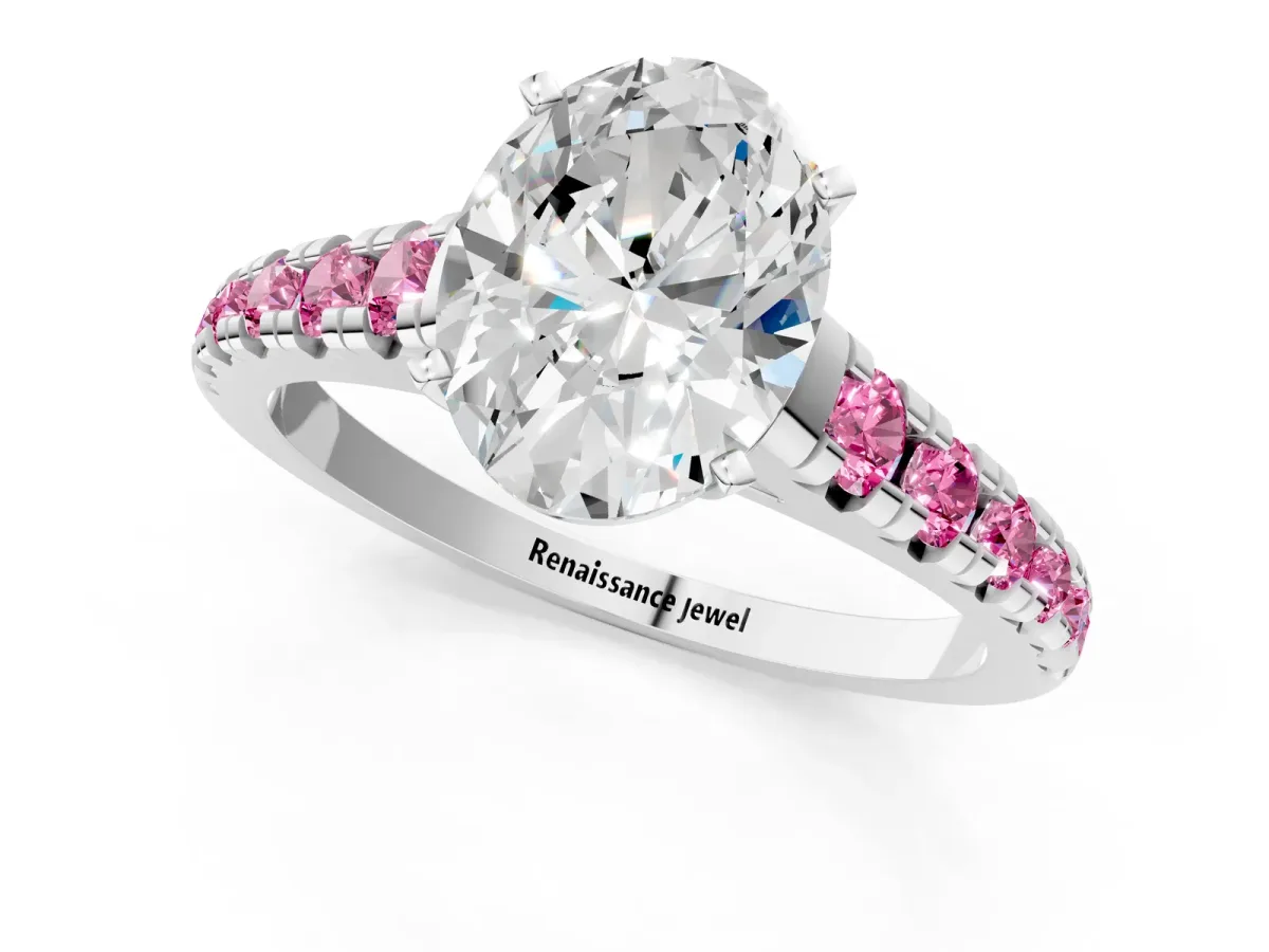 Oval Cut Diamond Cathedral Solitaire Ring with Round Pink Sapphire Pavé Band Silver