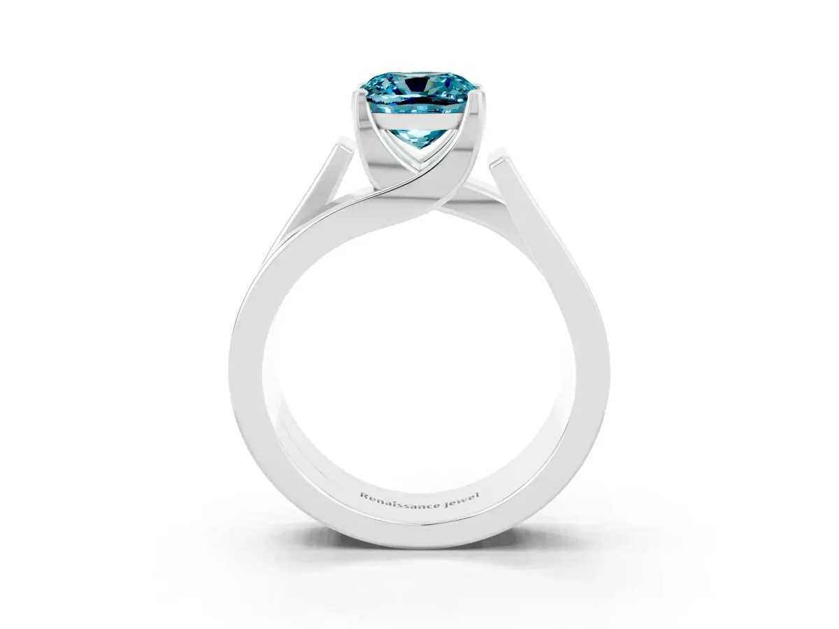 Modern Tension Set Cushion Cut Blue Topaz Solitaire Wide Band Ring Silver