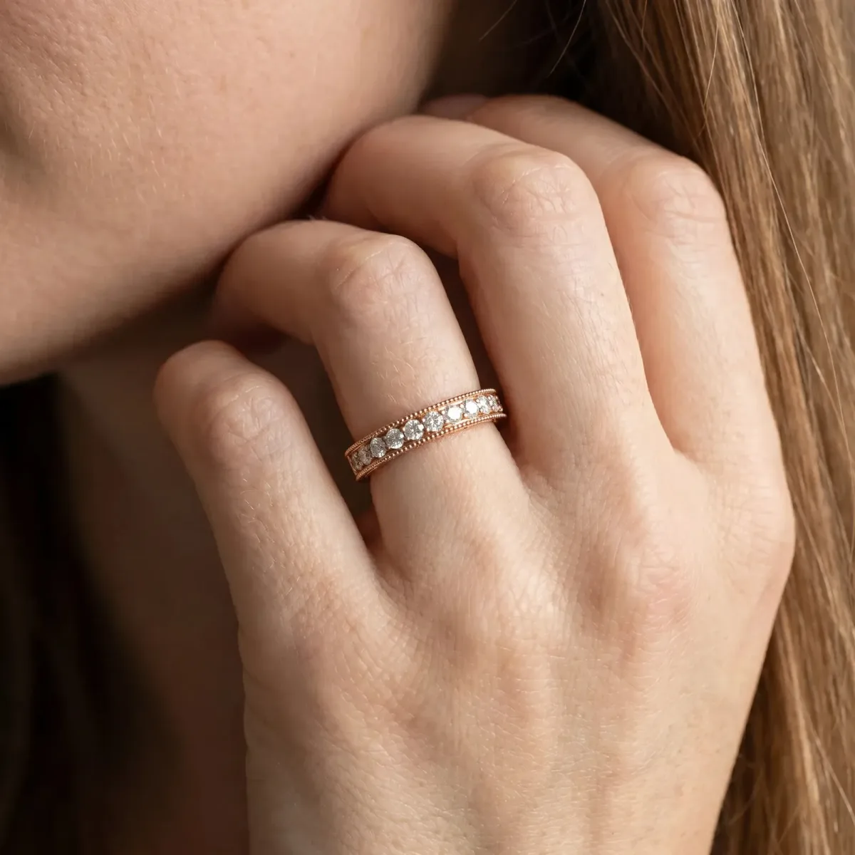 Channel Set Round Diamond Milgrain Edge Eternity Band Rose gold